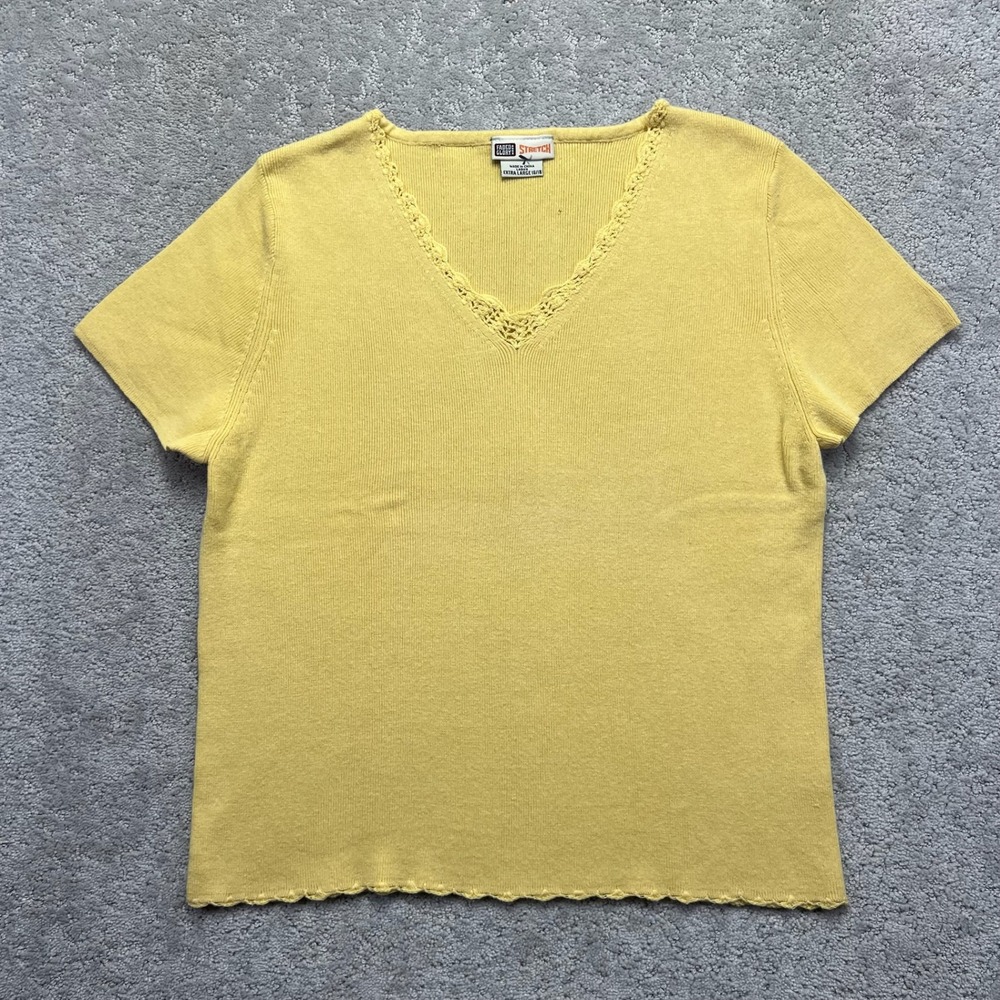 Faded Glory Tee Womens XL Yellow Ribbed Knit V-Neck Crochet Trim Short Sleeve